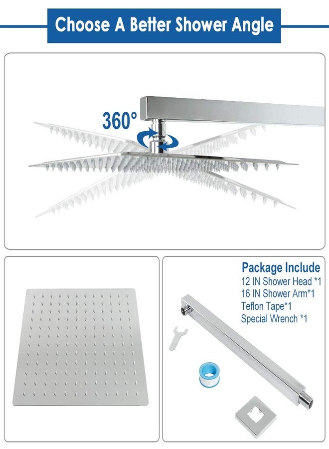 HarJue Shower Head with Extension Arm, High Pressure Square with ShowerArm, Stainless Steel Rainfall -Waterfall Full Body Coverage (12'' Shower with 16'' Arm, Chrome) - Image 5
